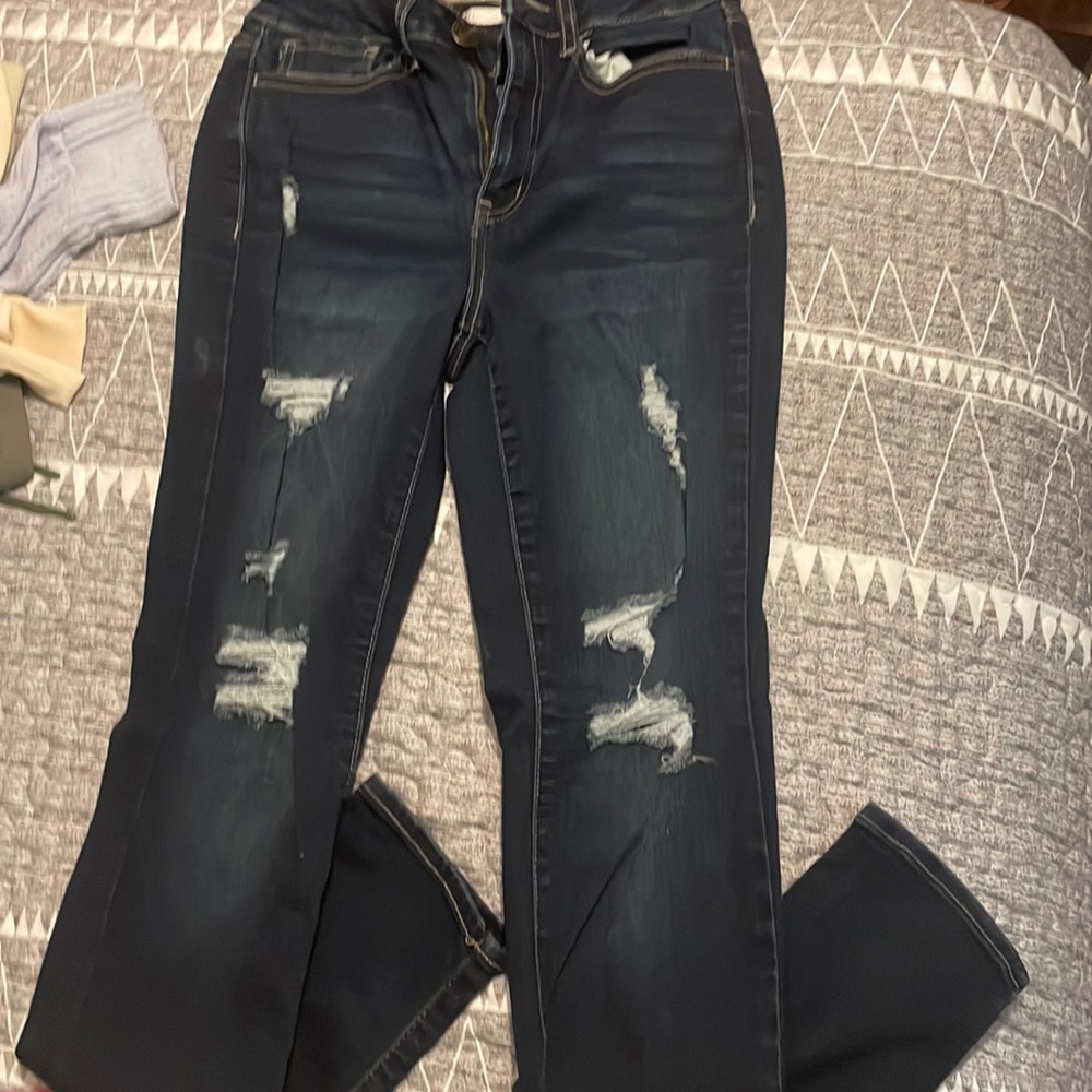 Dark hi rise skinny ripped jeans